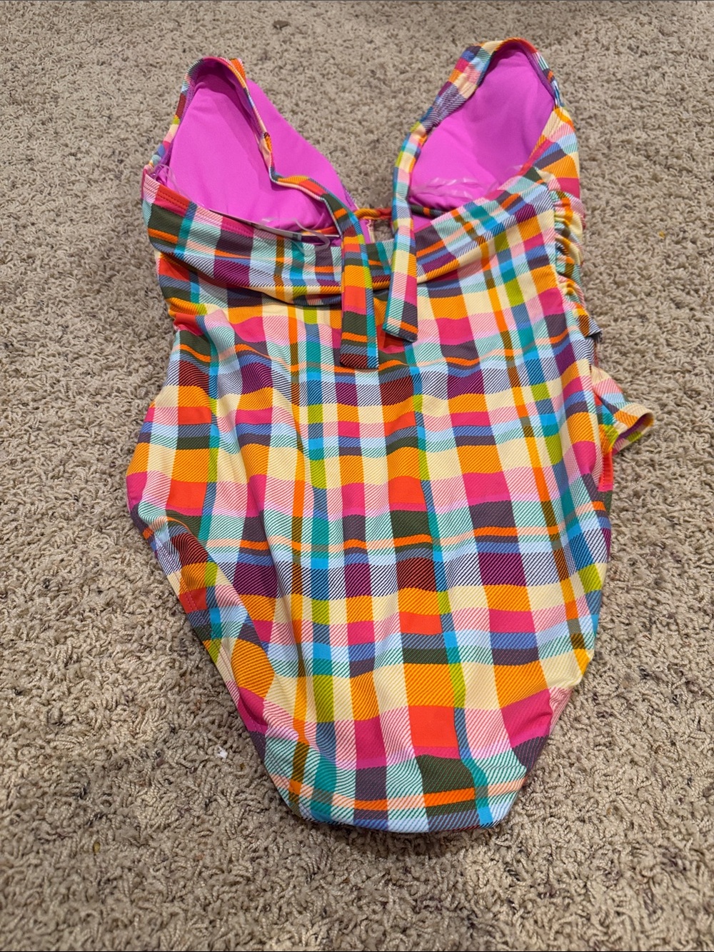 Colorful Plaid One-Piece Swimsuit with Pink Lining - Picture 3 of 4
